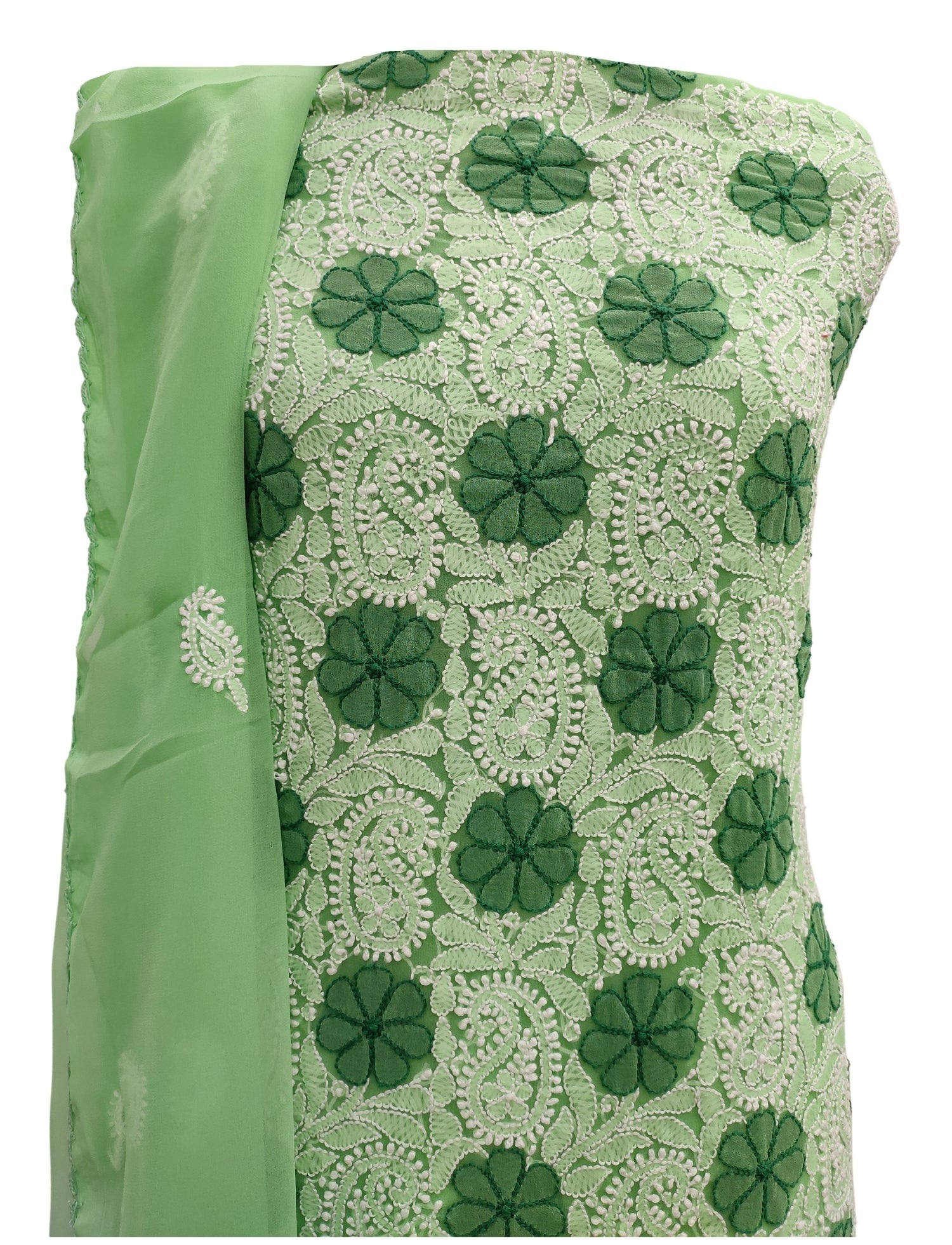Shyamal Chikan Hand Embroidered Pista Green Georgette Lucknowi Chikankari Unstitched Suit Piece With Crosia Work - S10744 - Shyamal Chikan