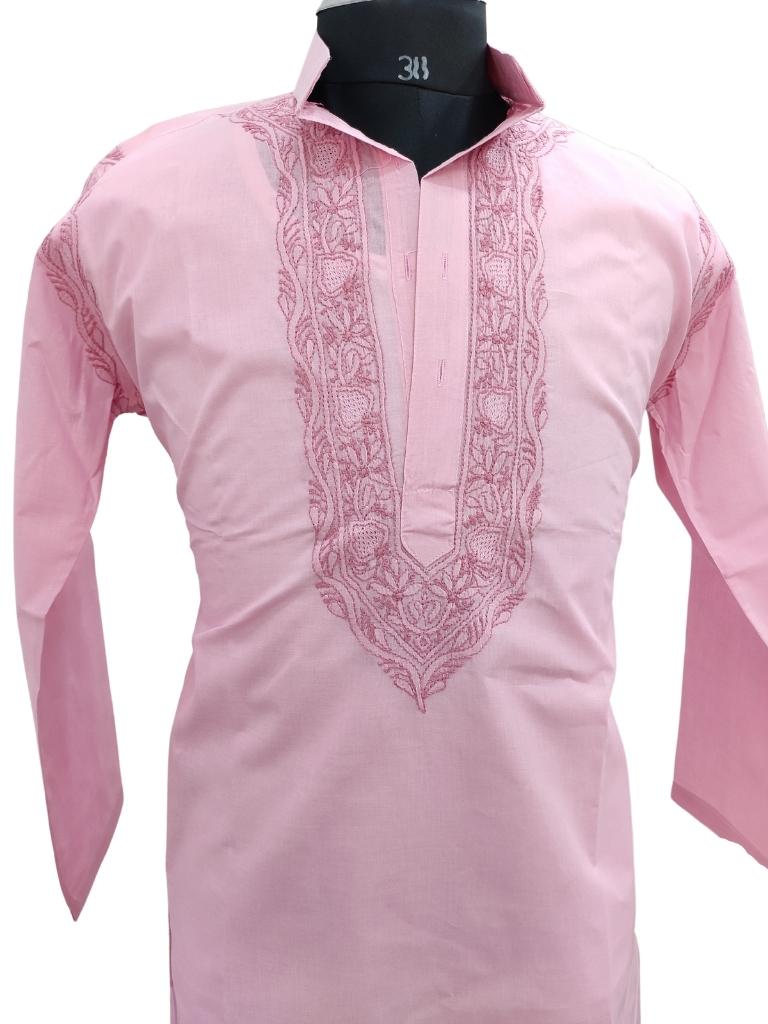 Shyamal Chikan Hand Embroidered Pink Cotton Lucknowi Chikankari Men's Kurta – S15509