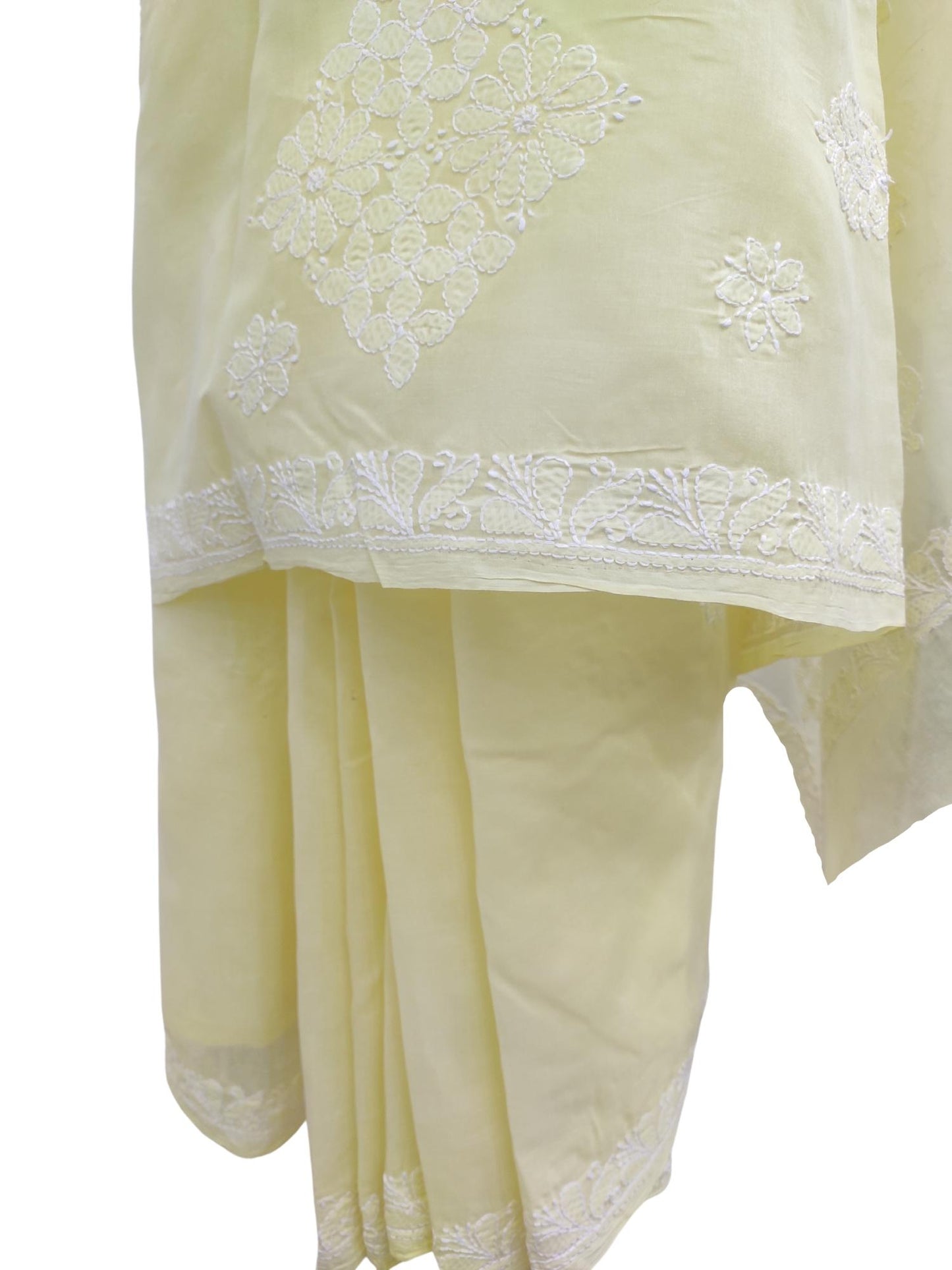 Shyamal Chikan Hand Embroidered Lemon Cotton Lucknowi Chikankari Saree With Blouse Piece- S13872
