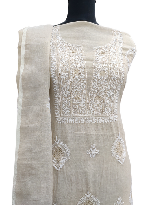 Shyamal Chikan Hand Embroidered Natural Fawn Tissue Chanderi Lucknowi Chikankari Unstitched Suit Piece ( Kurta Dupatta Set) - S16079