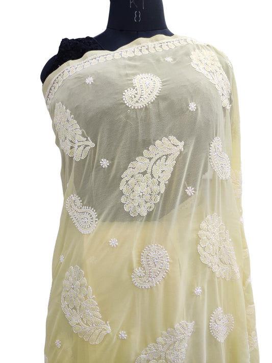 Shyamal Chikan Hand Embroidered Yellow Georgette Lucknowi Chikankari Saree With Blouse Piece - S19793