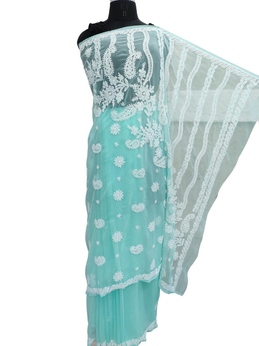 Shyamal Chikan Hand Embroidered Sea Green Georgette Lucknowi Chikankari Saree With Blouse Piece - S19792