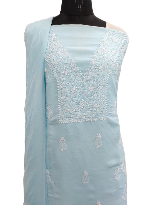 Shyamal Chikan Hand Embroidered Blue Cotton Lucknowi Chikankari Unstitched Suit Piece With Jaali Work - S19291