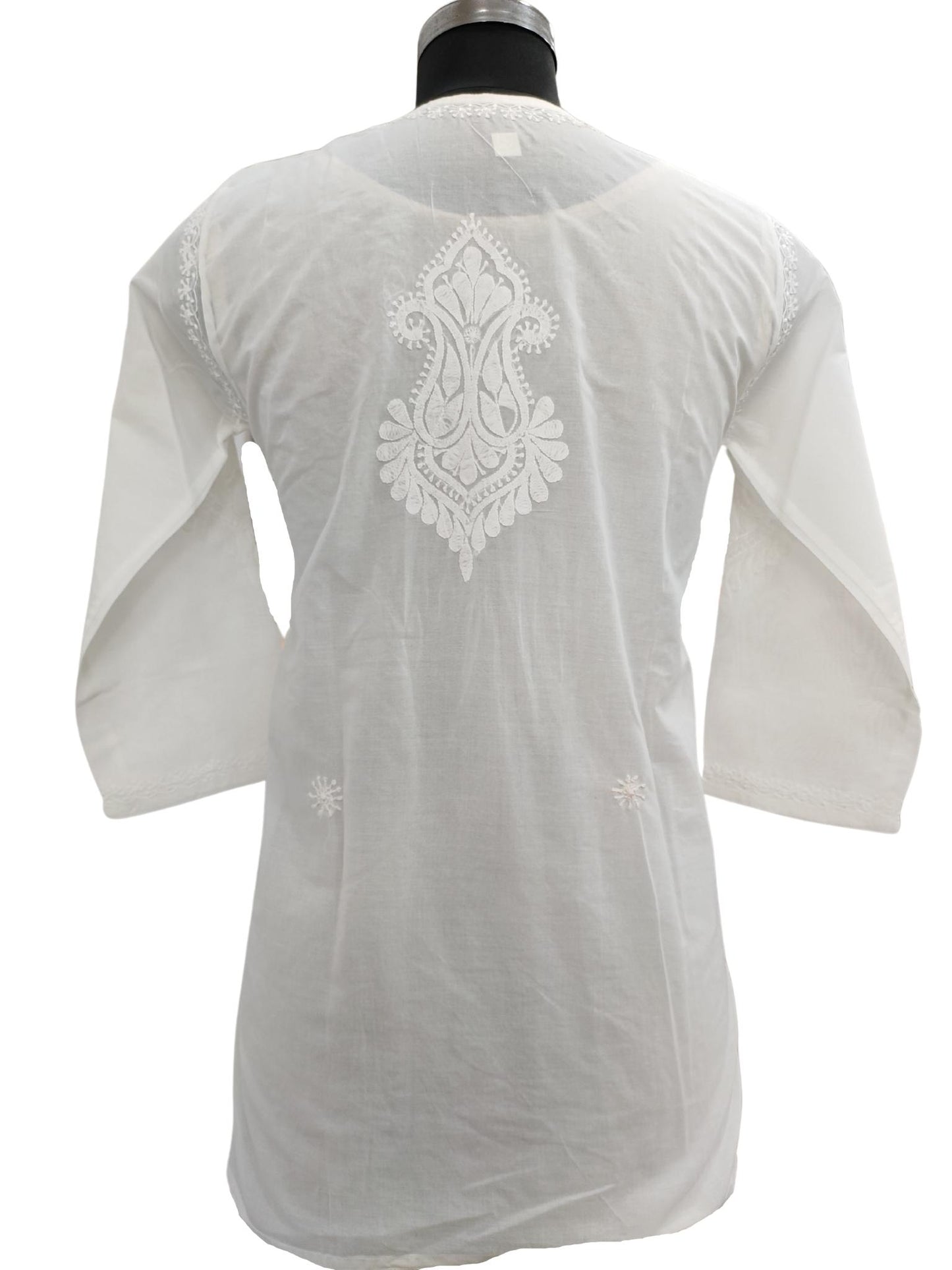 Shyamal Chikan Hand Embroidered White Cotton Lucknowi Chikankari Angrakha Short Top - S15818