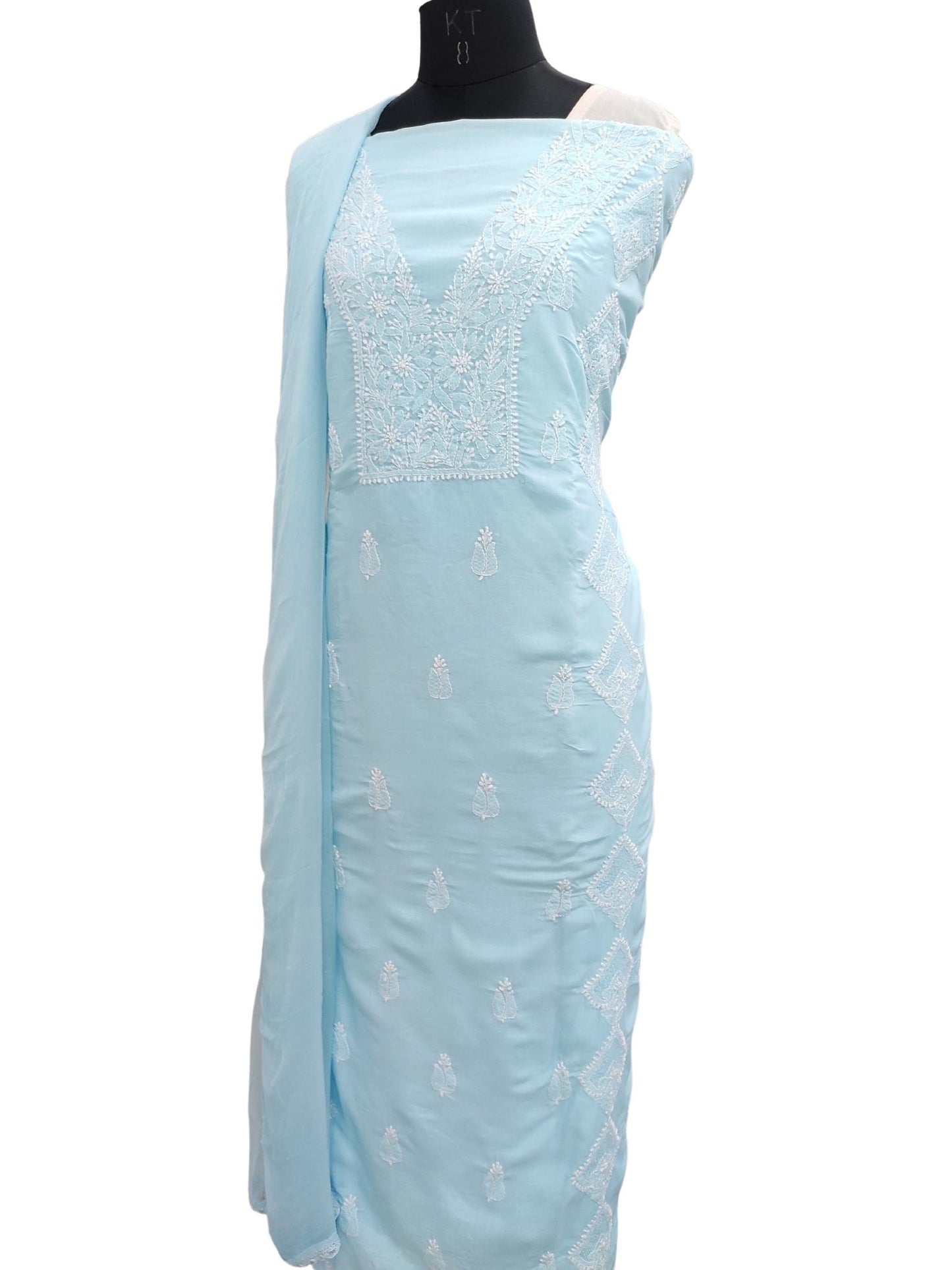 Shyamal Chikan Hand Embroidered Blue Cotton Lucknowi Chikankari Unstitched Suit Piece With Jaali Work - S19291