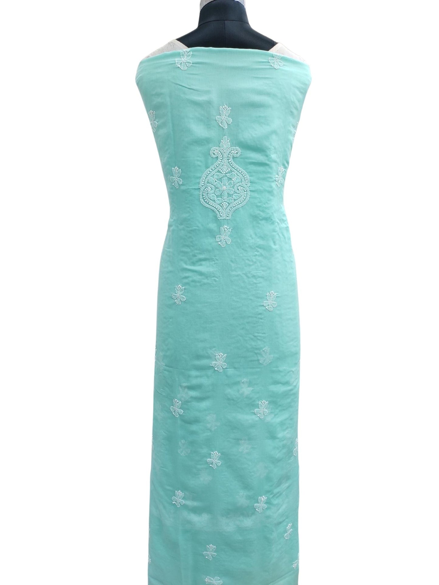 Shyamal Chikan Hand Embroidered Sea Green Cotton Lucknowi Chikankari Unstitched Suit Piece With Jaali Work- S18240
