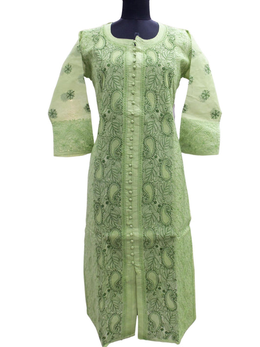 Shyamal Chikan Hand Embroidered Green Cotton Lucknowi Chikankari Kurti- S1472