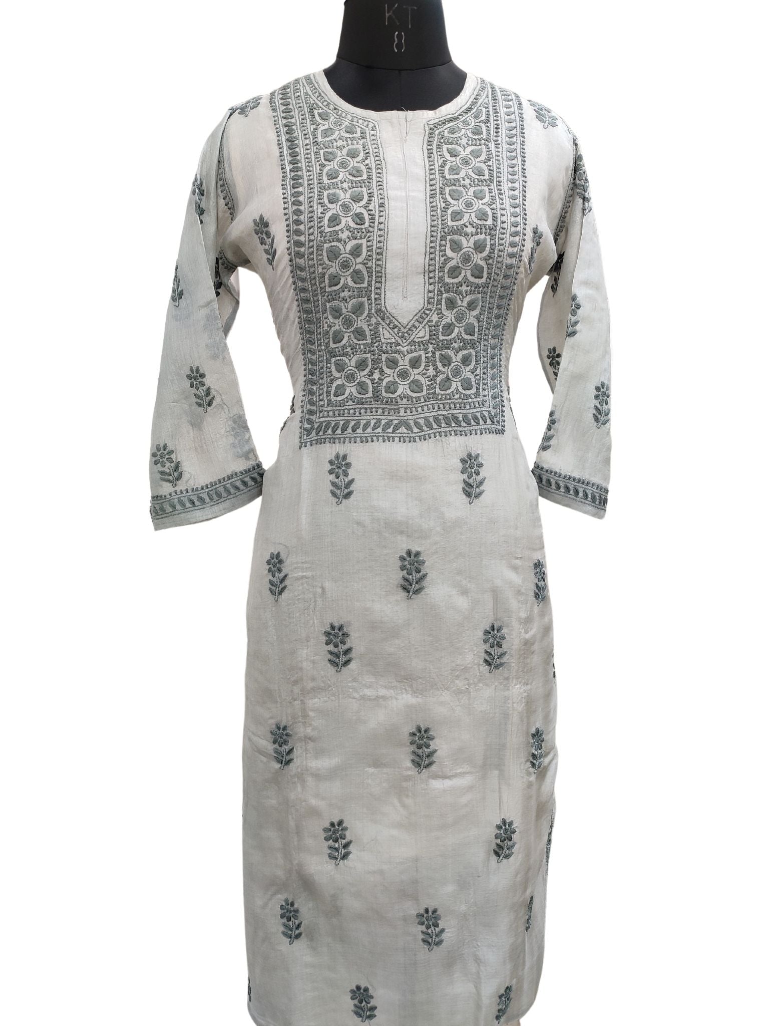 Shyamal Chikan Hand Embroidered Grey Pure Tusser Silk Lucknowi Chikankari Kurti- S18756