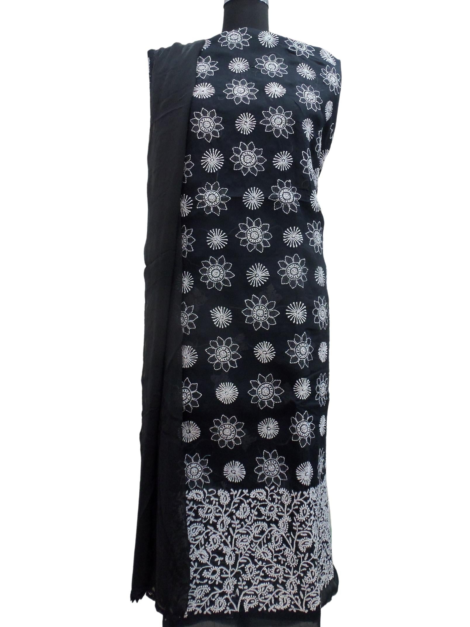 Shyamal Chikan Hand Embroidered Black Cotton Lucknowi Chikankari Unstitched Suit Piece - S2445