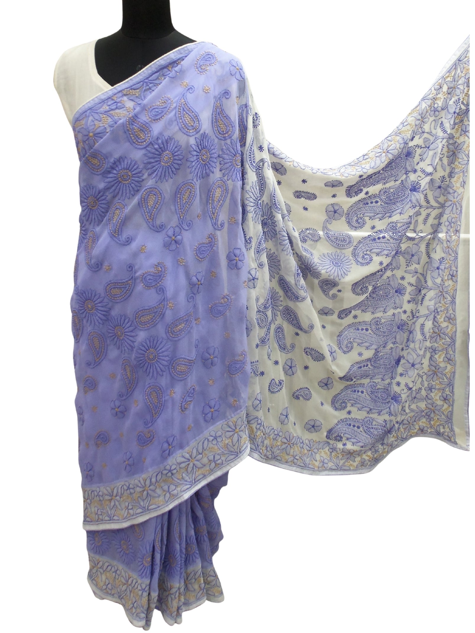 Shyamal Chikan Hand Embroidered Purple Goergette Lucknowi Chikankari Contrast Saree With Blouse Piece- S4224