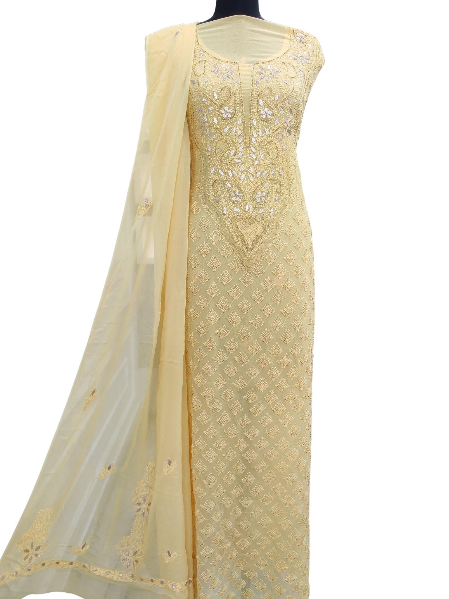 Shyamal Chikan Hand Embroidered Mustard Yellow Viscose Georgette Lucknowi Chikankari Unstitched Suit Piece With Gotta Patti and Cut-Dana Work  ( Set of 2 ) - S8459