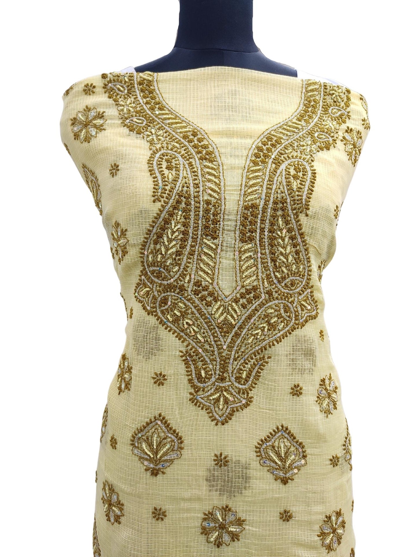 Shyamal Chikan Hand Embroidered Mustard Yellow Kota Cotton Lucknowi Chikankari Unstitched Kurta Piece With Sequin and Pearl Work - S16605