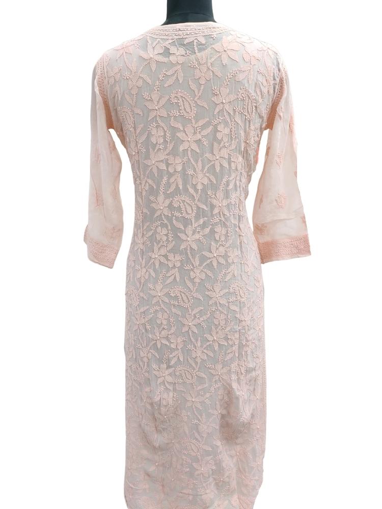 Shyamal Chikan Hand Embroidered Peach Viscose Georgette Lucknowi Chikankari All-Over Kurti- S4635