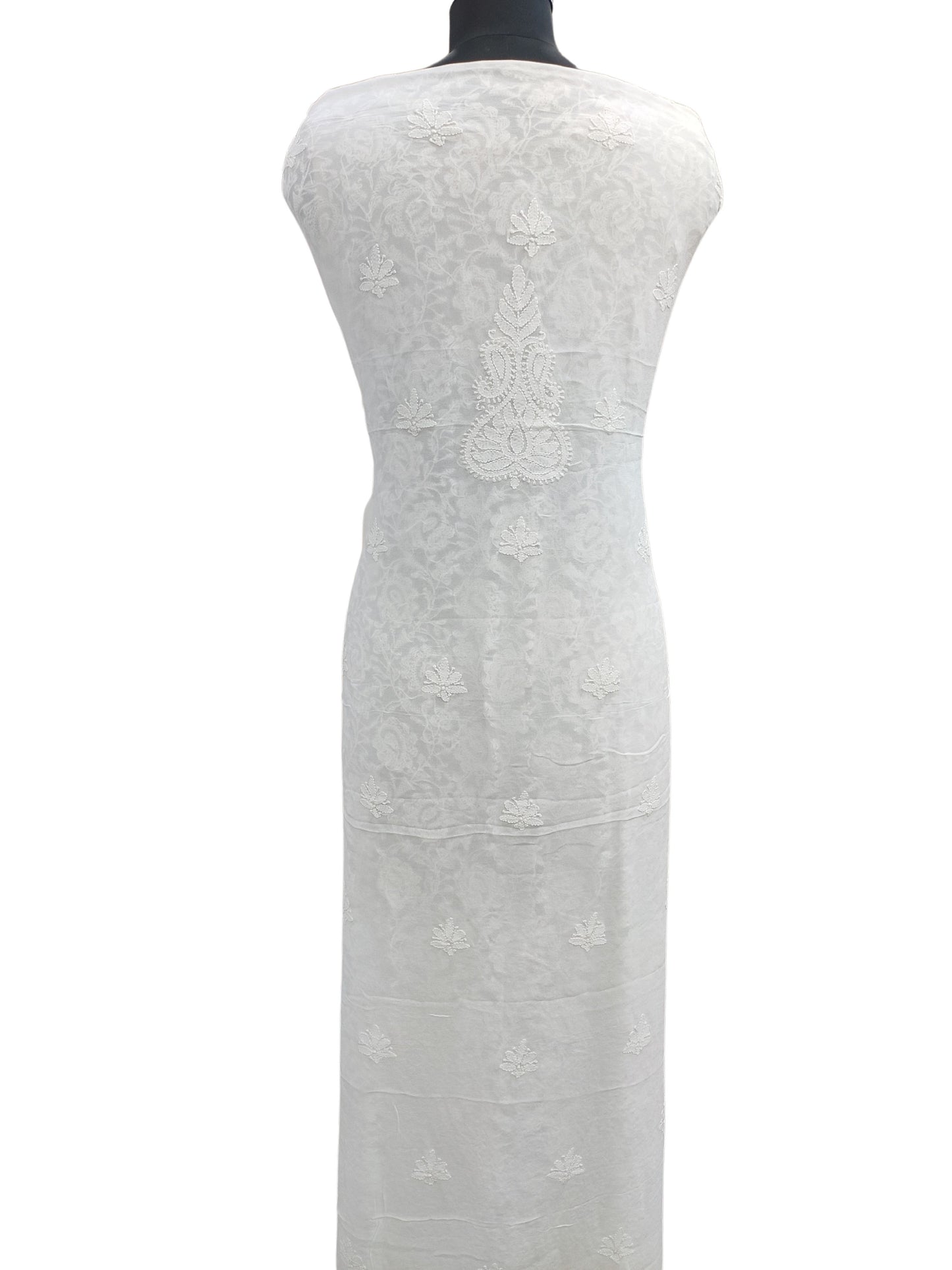 Shyamal Chikan Hand Embroidered White Viscose Georgette Lucknowi Chikankari Unstitched Kurta Piece- S13971