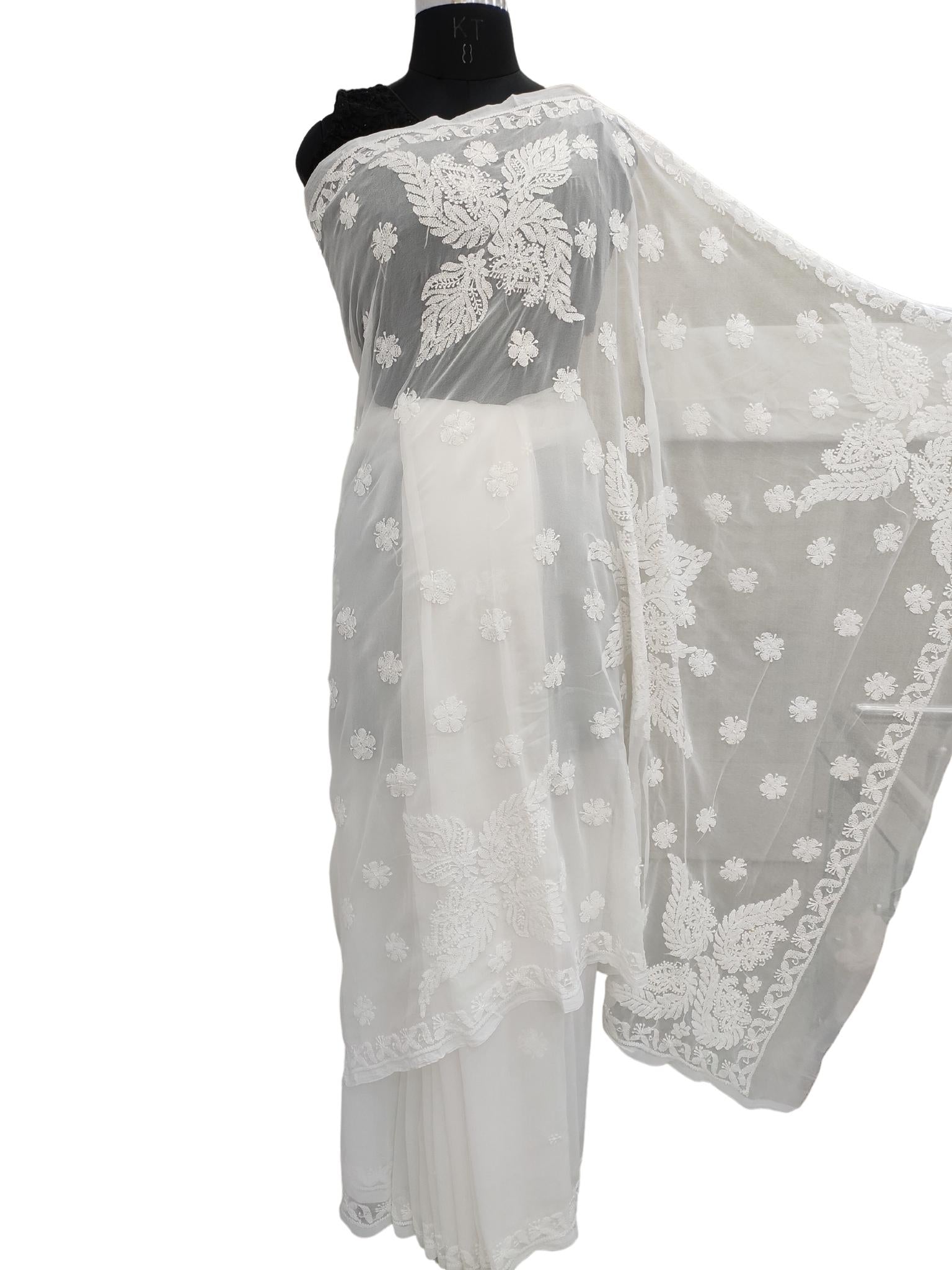 Shyamal Chikan Hand Embroidered White Georgette Lucknowi Chikankari Saree With Blouse Piece - S19789