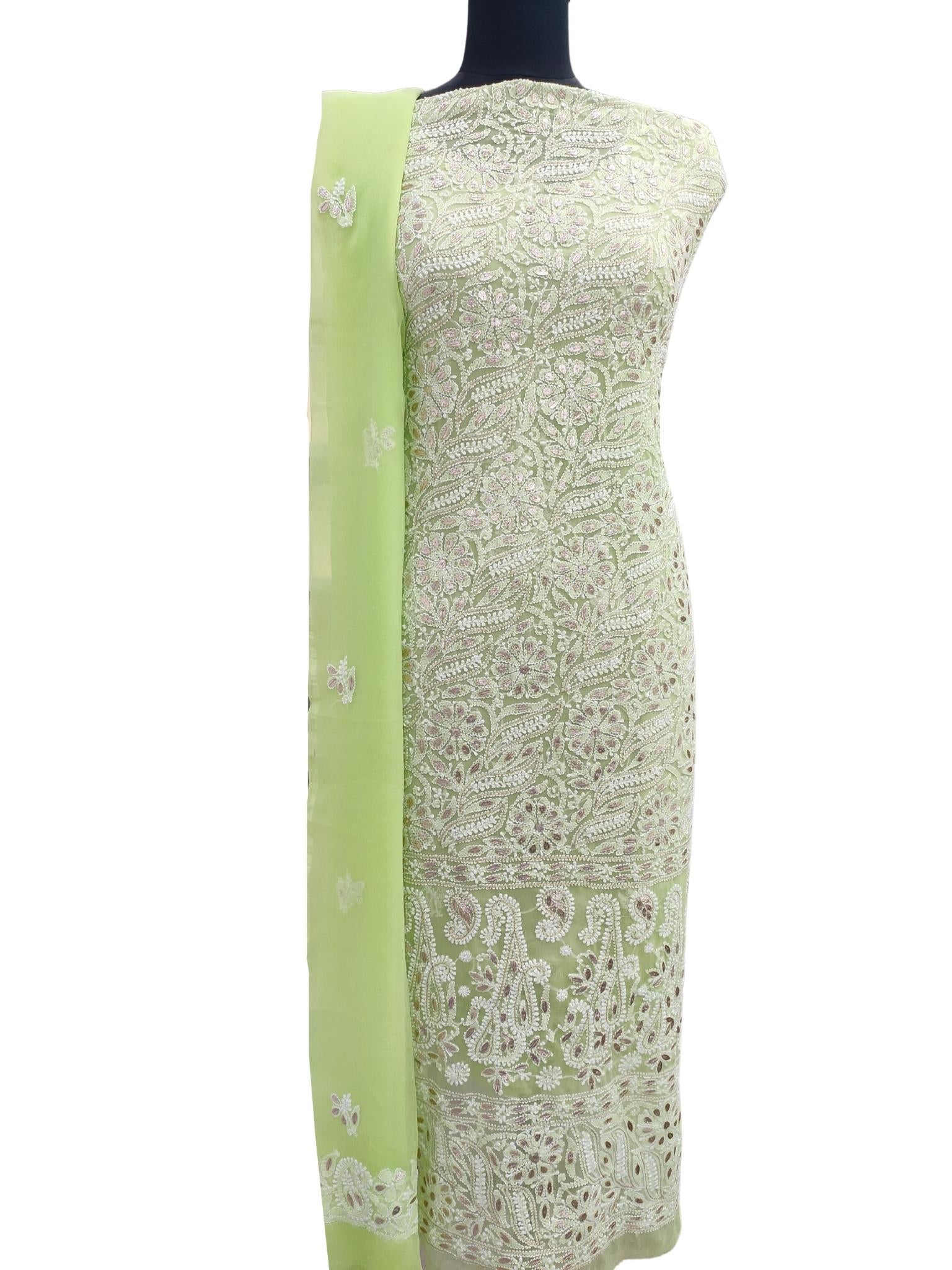 Shyamal Chikan Hand Embroidered Mint Green Georgette Lucknowi Chikankari Unstitched Suit Piece With Gotta Patti Work - S16250