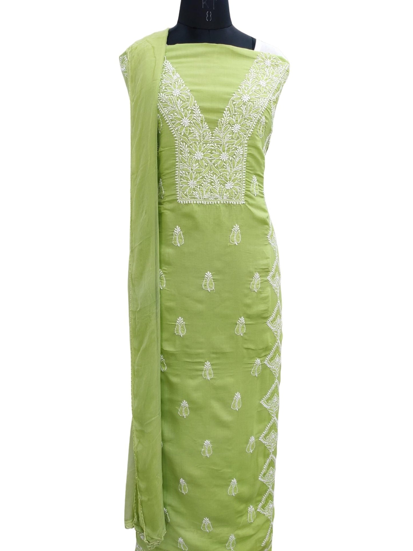 Shyamal Chikan Hand Embroidered Green Cotton Lucknowi Chikankari Unstitched Suit Piece With Jaali Work - S19289