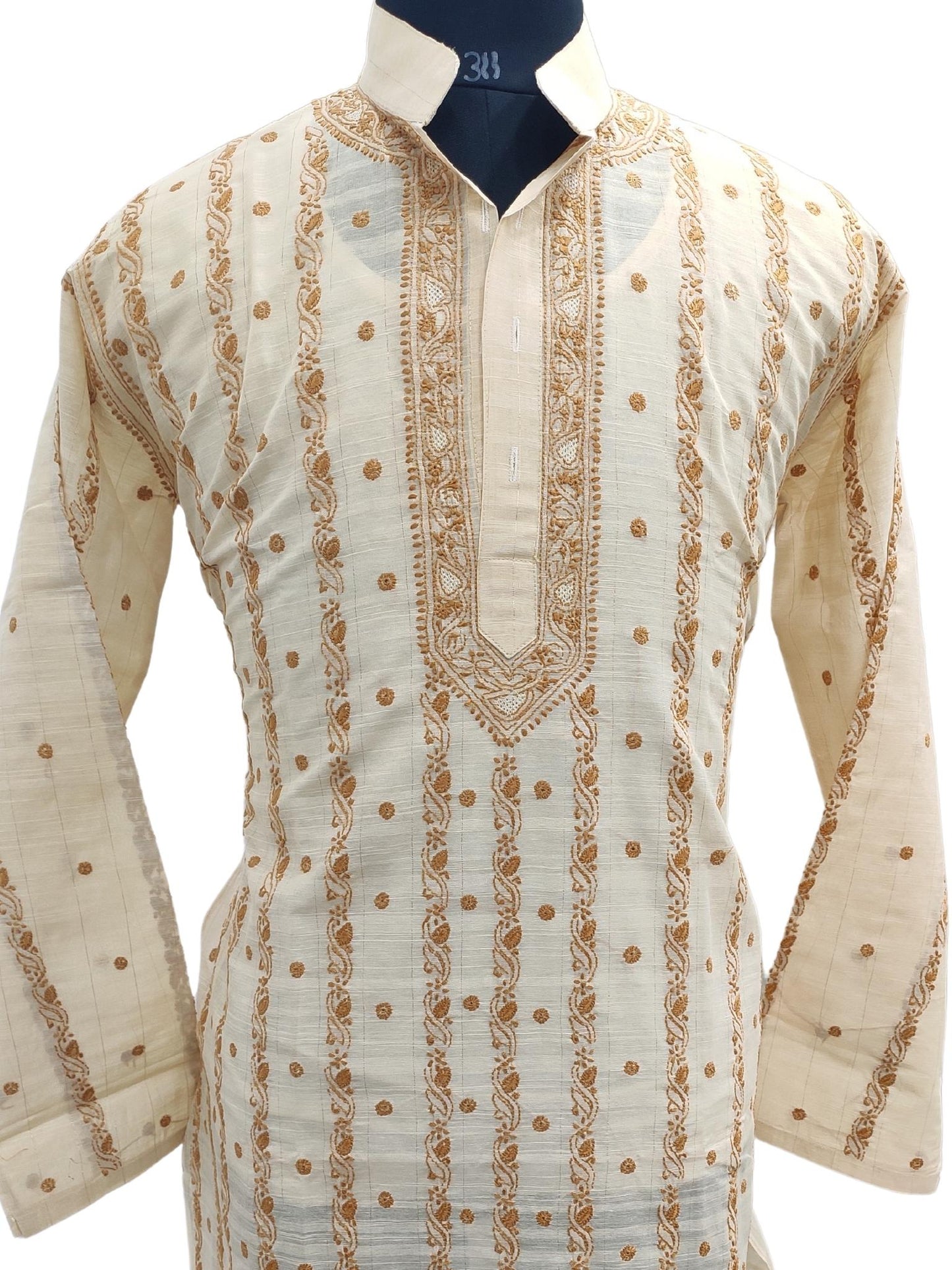 Shyamal Chikan Hand Embroidered Beige Cotton Lucknowi Chikankari Men's Kurta –S17259