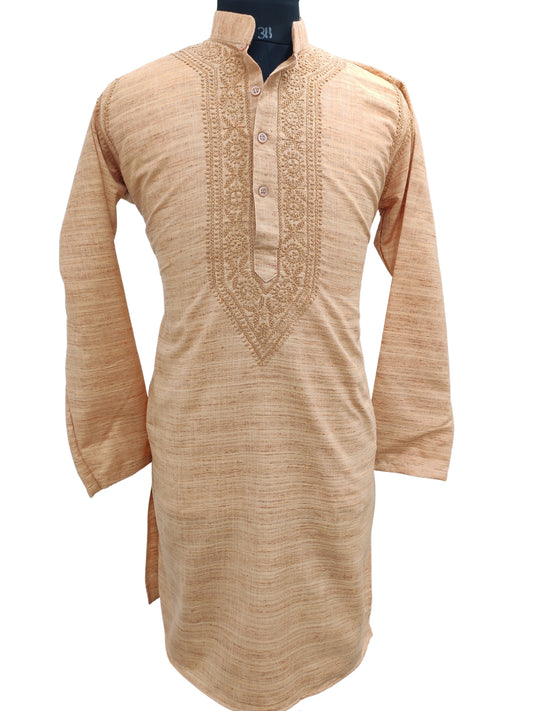 Shyamal Chikan Hand Embroidered Beige Cotton Lucknowi Chikankari Men's Kurta – S17745