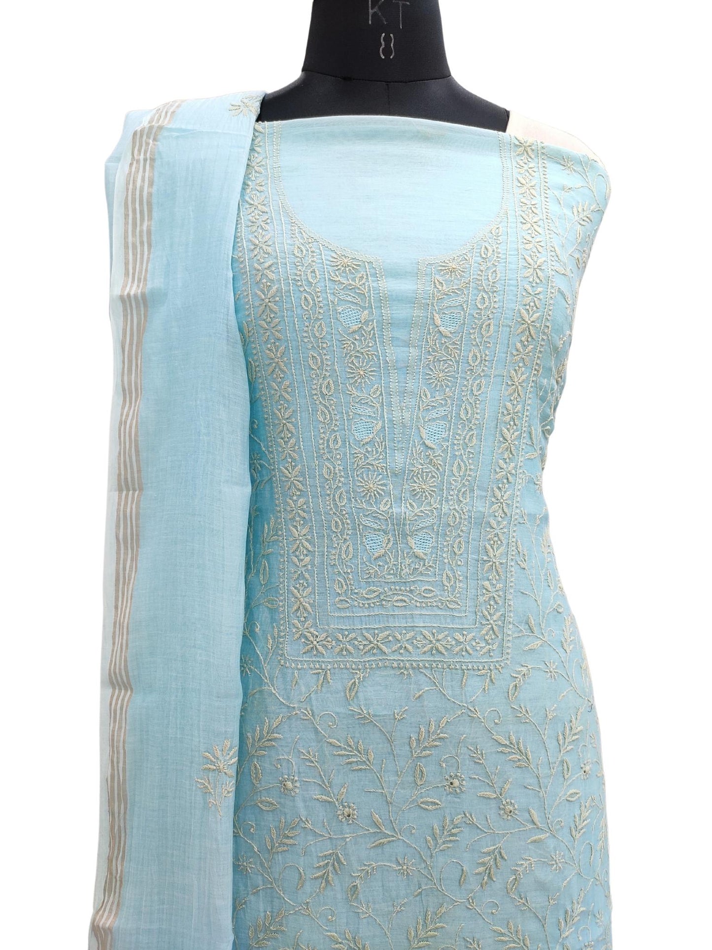 Shyamal Chikan Hand Embroidered Blue Mul Chanderi Lucknowi Chikankari Unstitched Embellised Suit Piece (Kurta Dupatta Set) - S18650