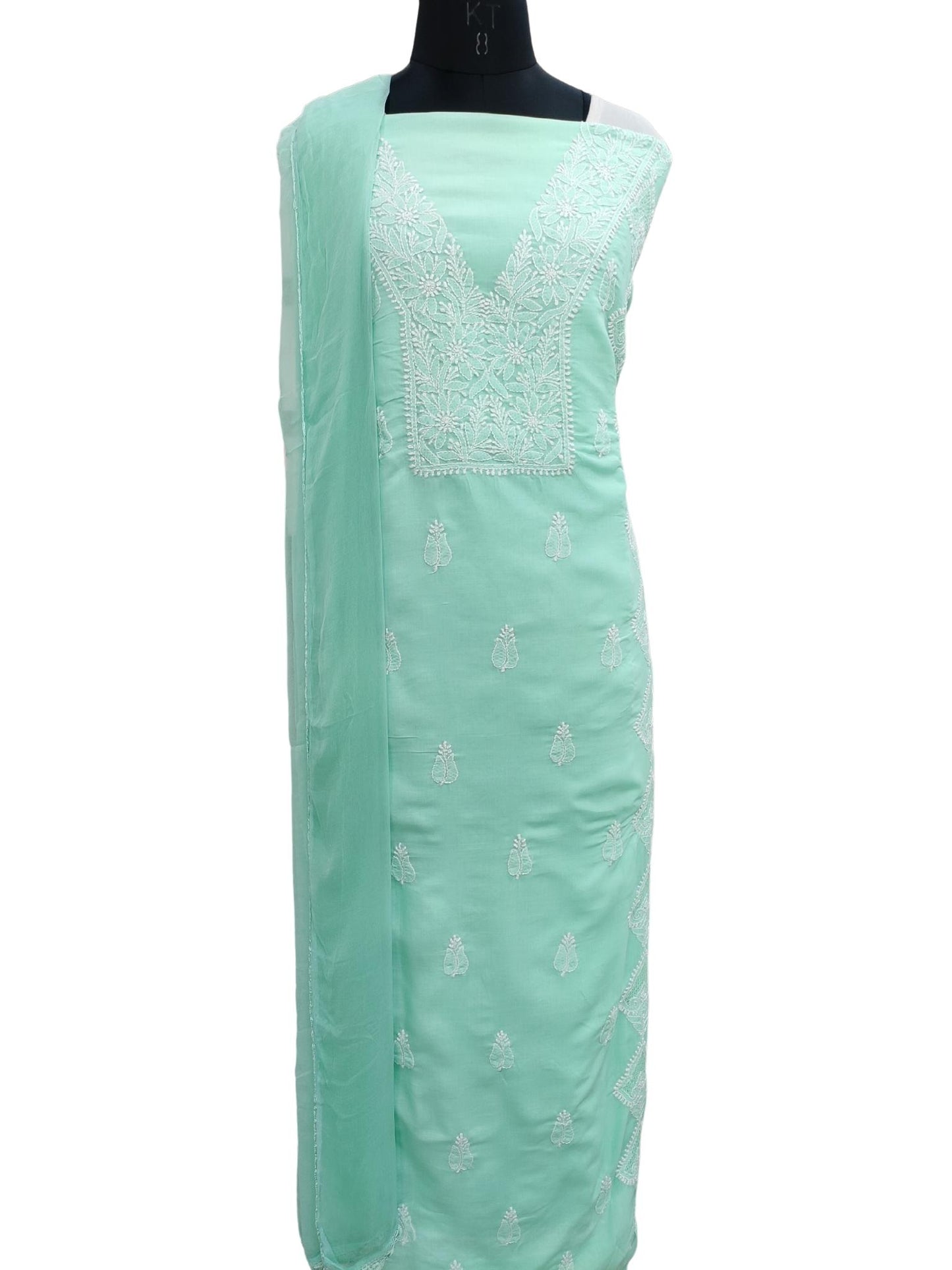 Shyamal Chikan Hand Embroidered Sea Green Cotton Lucknowi Chikankari Unstitched Suit Piece With Jaali Work - S19287