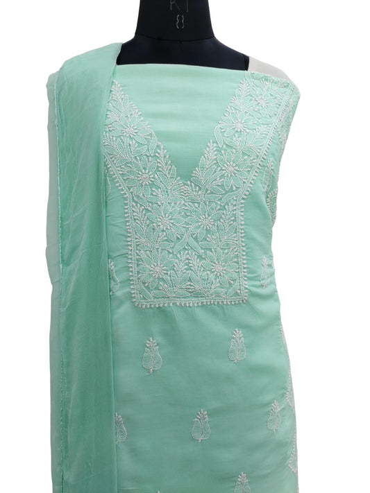 Shyamal Chikan Hand Embroidered Sea Green Cotton Lucknowi Chikankari Unstitched Suit Piece With Jaali Work - S19287