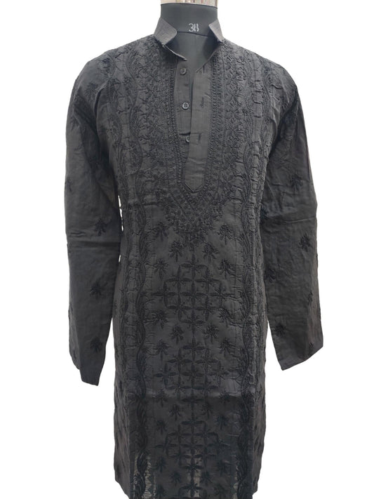 Shyamal Chikan Hand Embroidered Black Cotton Lucknowi Chikankari Men's Kurta With Daraz Work – S13060
