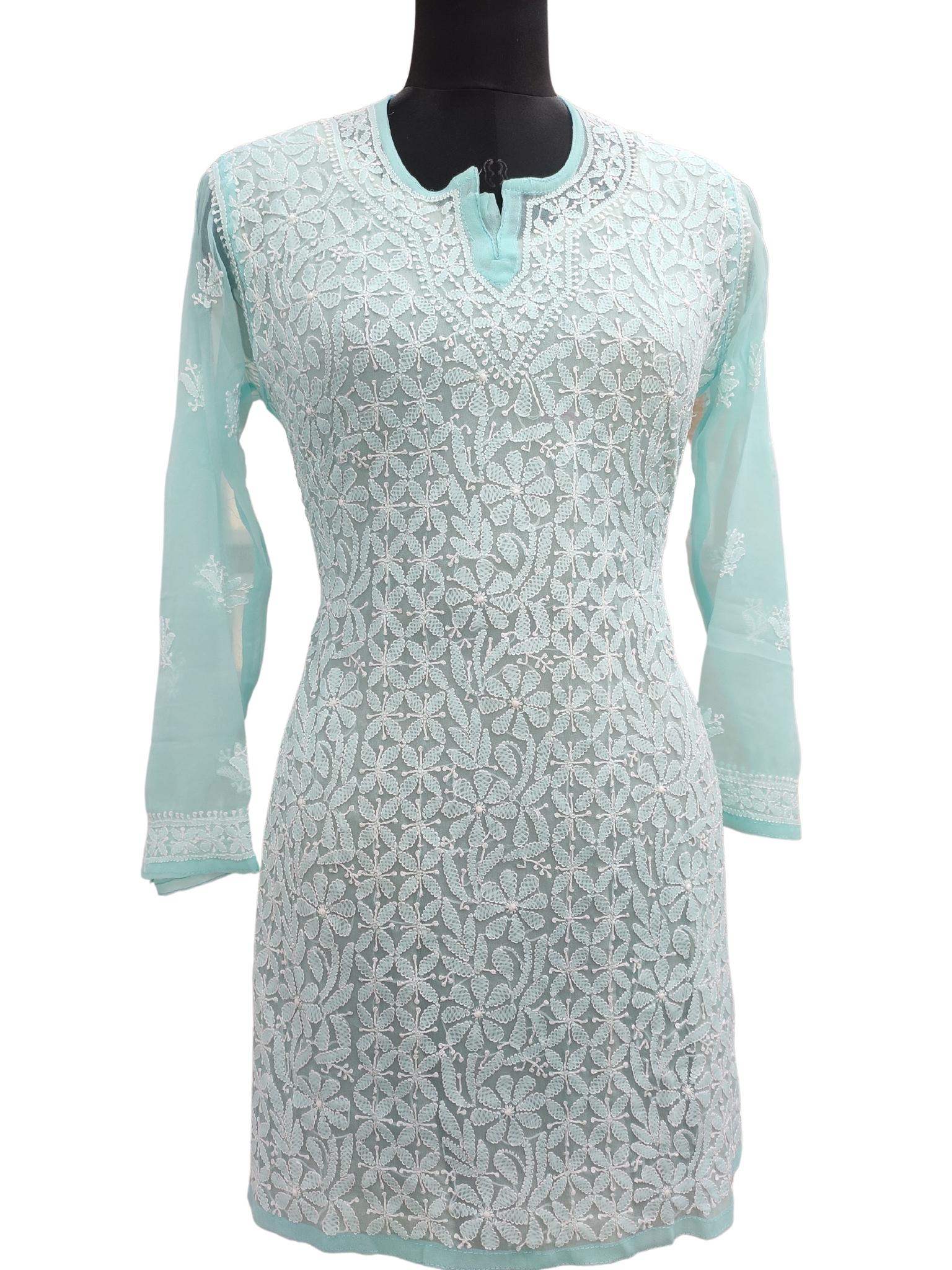 Shyamal Chikan Hand Embroidered Sky Blue Georgette Lucknowi Chikankari Short Top- S15701 