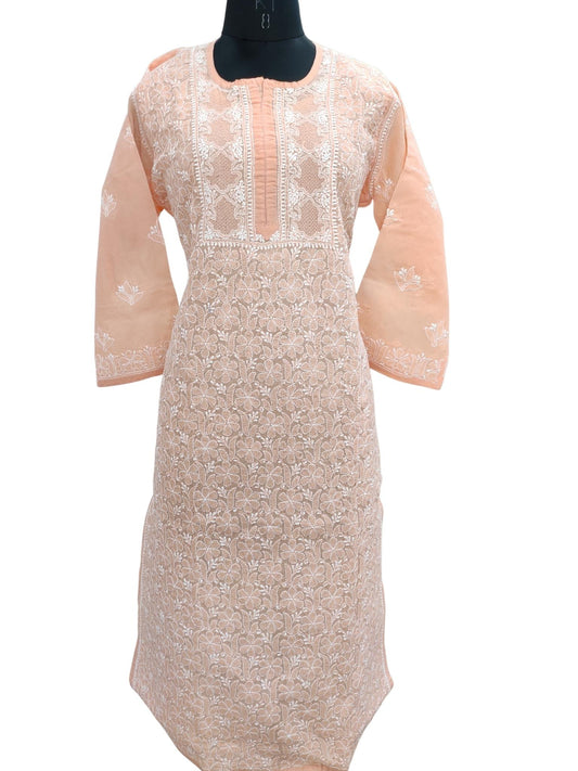 Shyamal Chikan Hand Embroidered Peach Cotton Lucknowi Chikankari Kurti- S18633