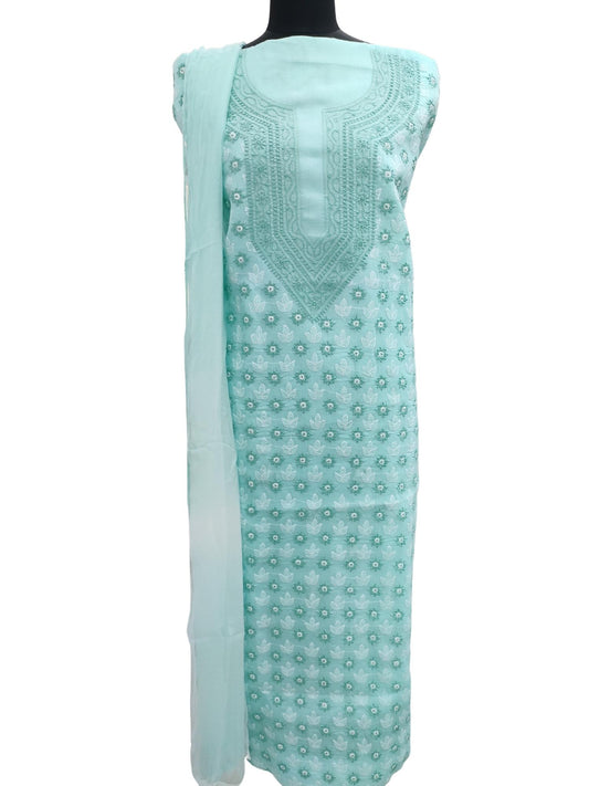 Shyamal Chikan Hand Embroidered Sea Green Cotton Lucknowi Chikankari Unstitched Suit Piece - S5989