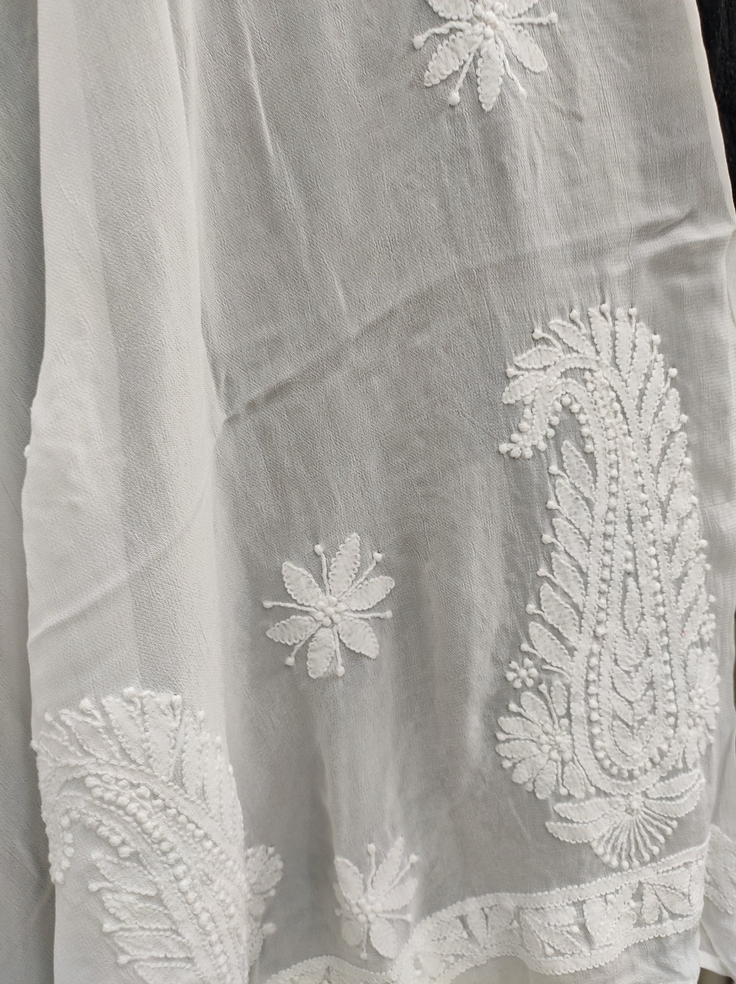 Shyamal Chikan Hand Embroidered White Viscose Georgette Lucknowi Chikankari Dupatta - S12799