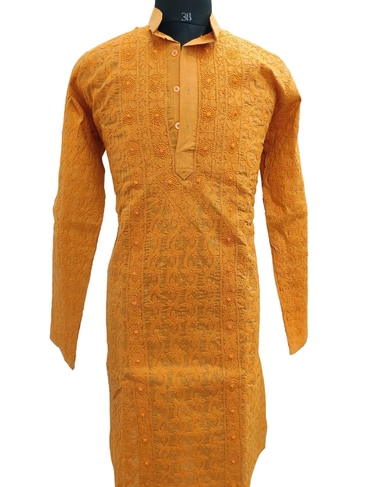 Shyamal Chikan Hand Embroidered Orange Cotton Lucknowi Chikankari All-Over Men's Kurta – S13155