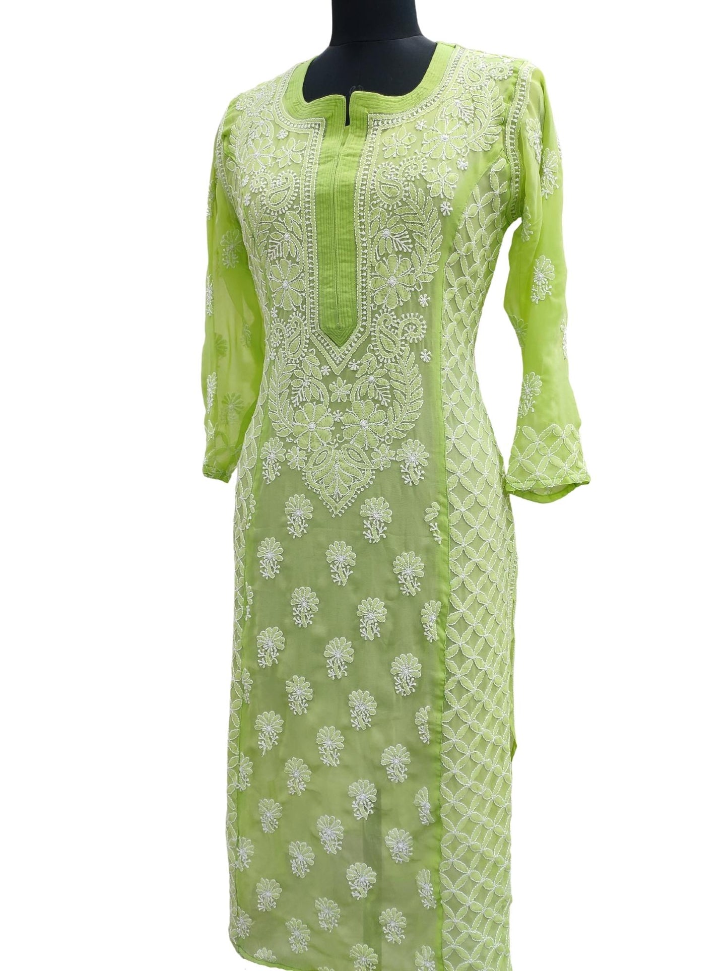 Shyamal Chikan Hand Embroidered Green Georgette Lucknowi Chikankari Kurti - S13595