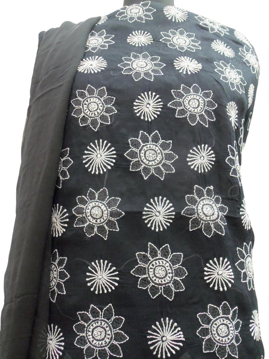 Shyamal Chikan Hand Embroidered Black Cotton Lucknowi Chikankari Unstitched Suit Piece - S2445