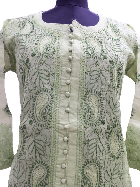 Shyamal Chikan Hand Embroidered Green Cotton Lucknowi Chikankari Kurti With Jaali Work- S1472