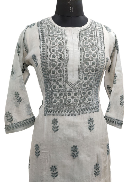 Shyamal Chikan Hand Embroidered Grey Pure Tusser Silk Lucknowi Chikankari Kurti- S18756