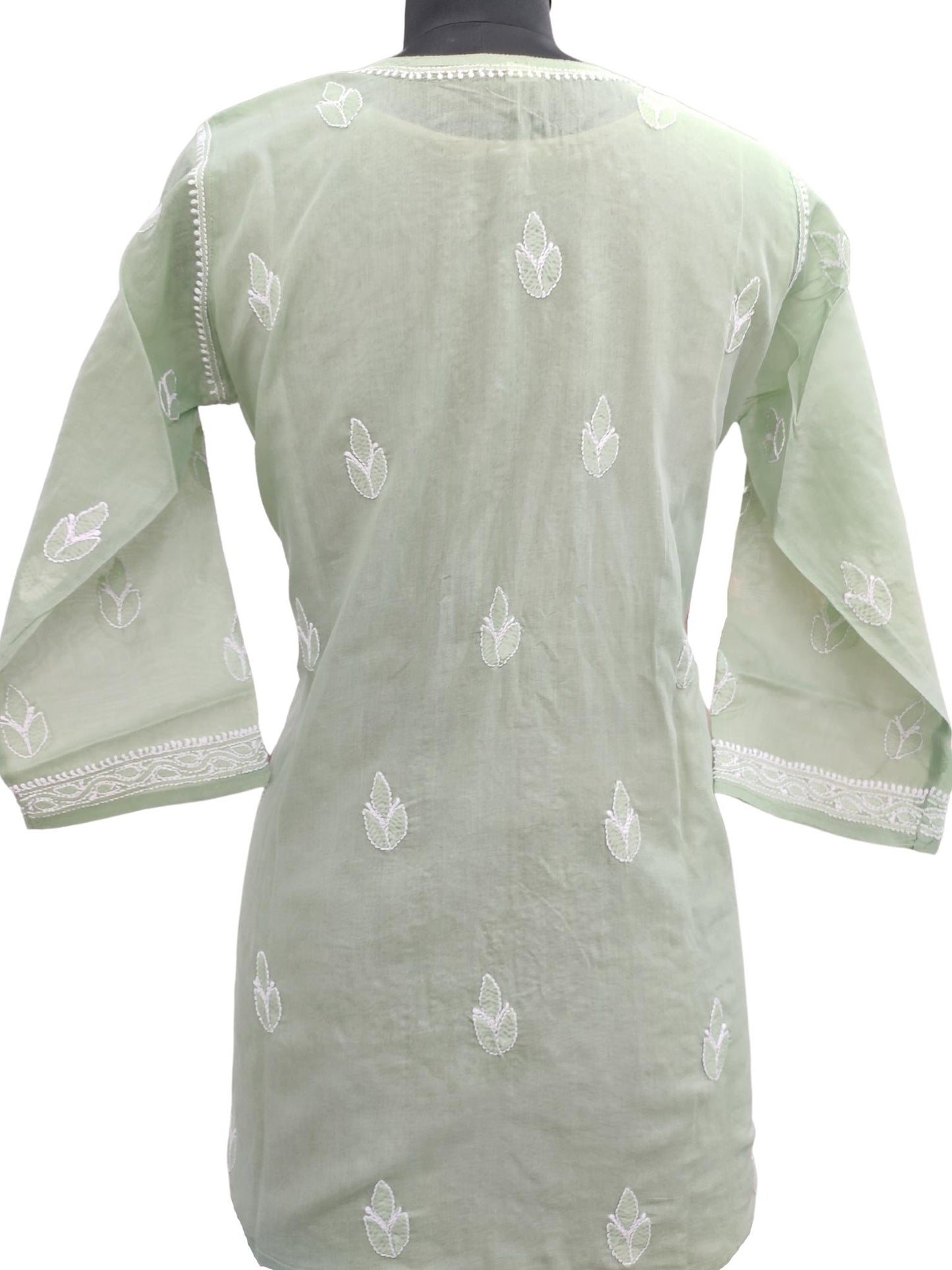 Shyamal Chikan Hand Embroidered Pista Green Cotton Lucknowi Chikankari Short Top - S15680