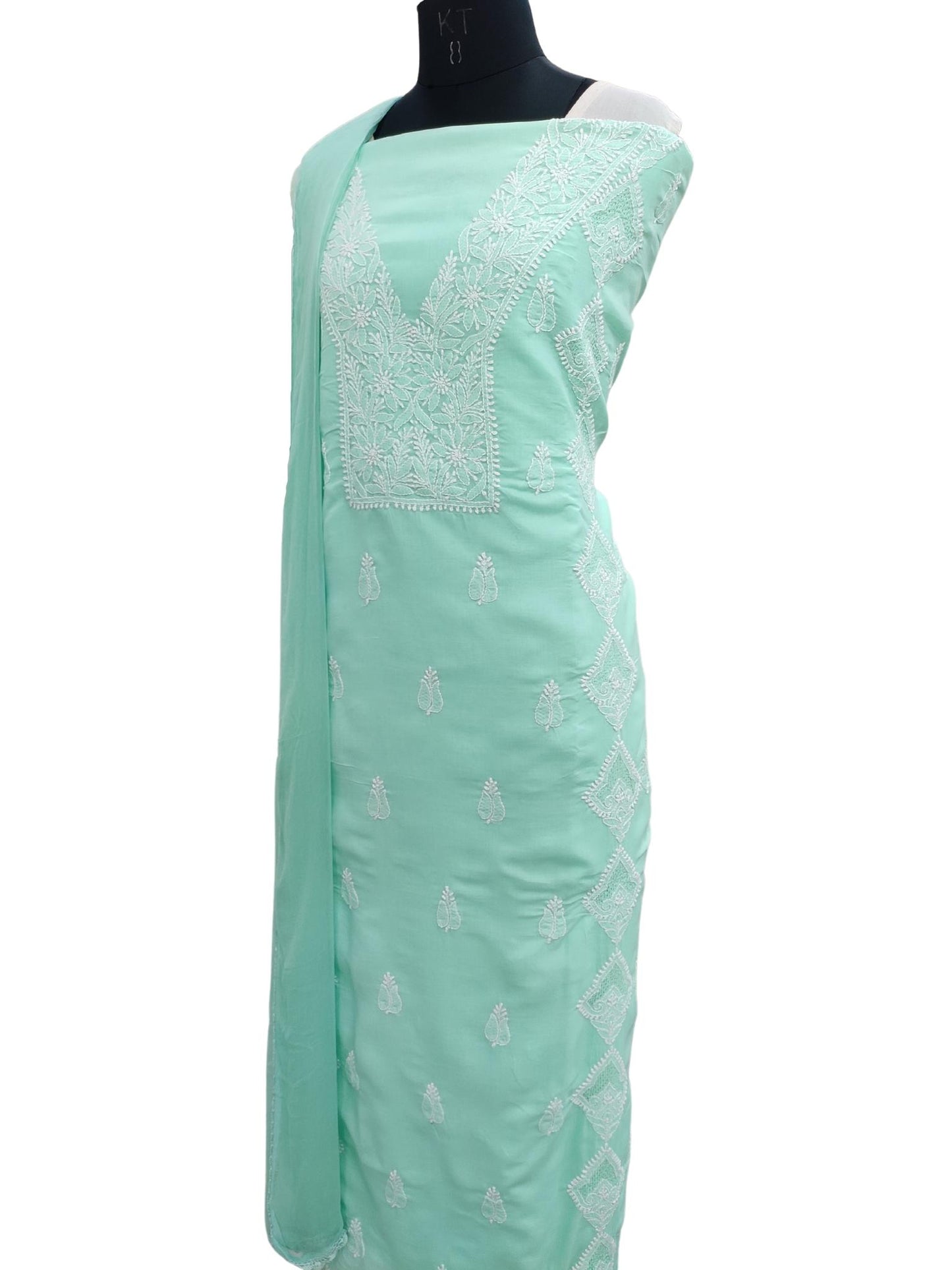 Shyamal Chikan Hand Embroidered Sea Green Cotton Lucknowi Chikankari Unstitched Suit Piece With Jaali Work - S19287