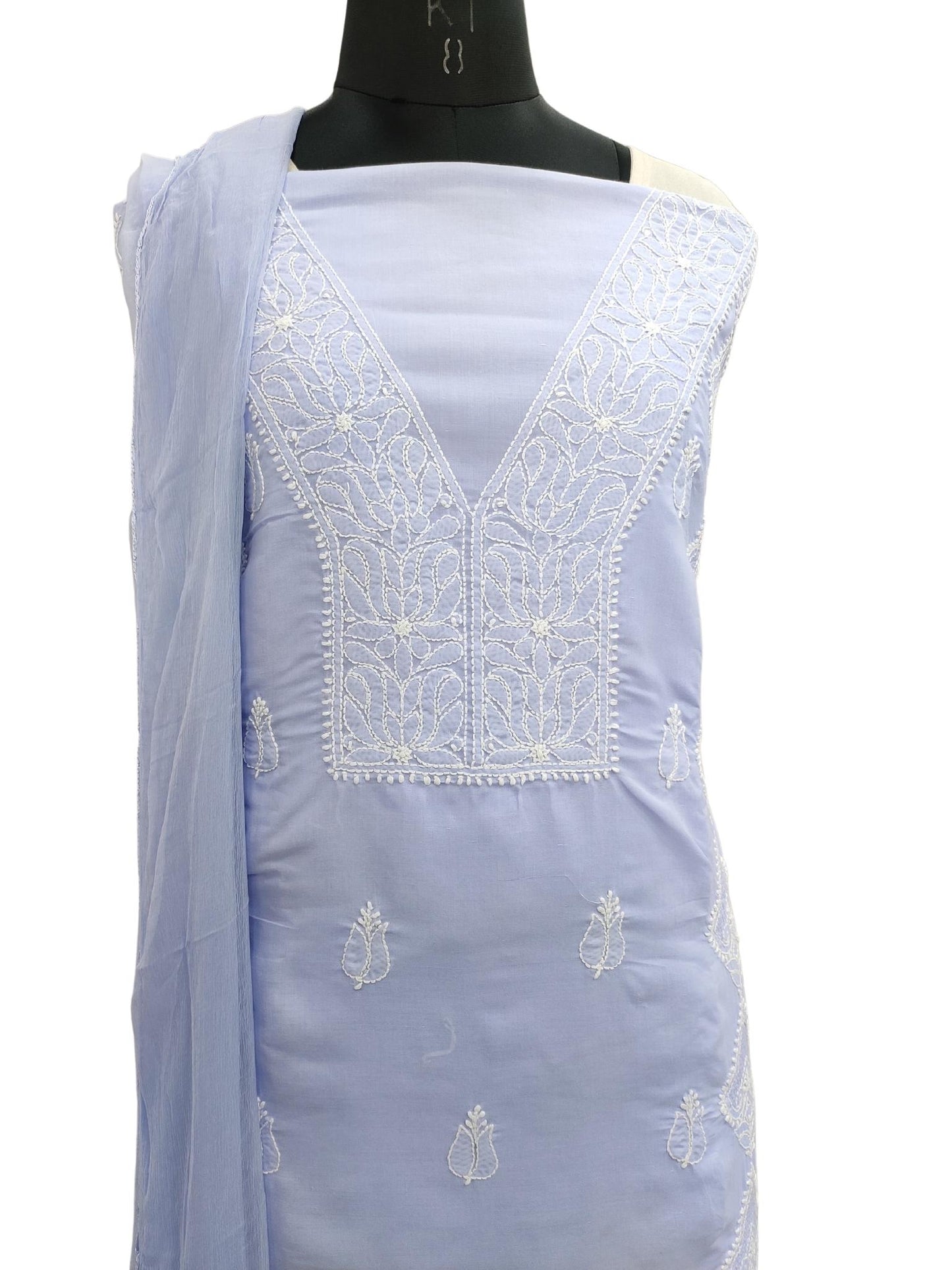 Shyamal Chikan Hand Embroidered Lavender Cotton Lucknowi Chikankari Unstitched Suit Piece With Jaali Work - S19284