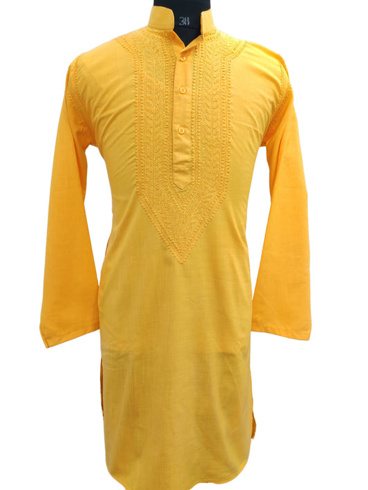 Shyamal Chikan Hand Embroidered Yellow Cotton Lucknowi Chikankari Men's Kurta – S17723
