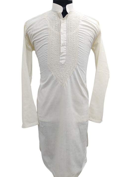 Shyamal Chikan Hand Embroidered Fawn Cotton Lucknowi Chikankari Men's Kurta – S17711