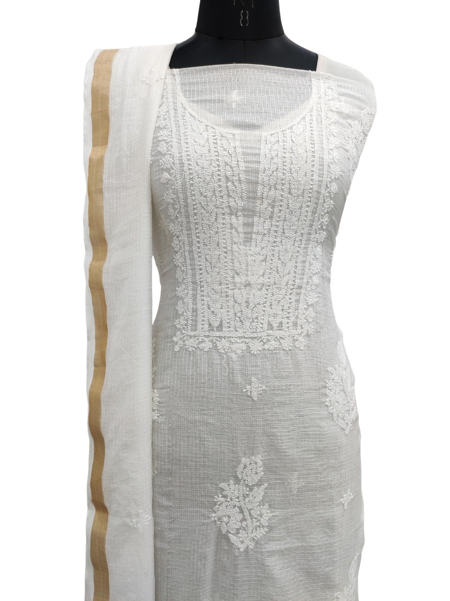 Shyamal Chikan Hand Embroidered White Kota Cotton Lucknowi Chikankari Unstitched Suit Piece  ( Kurta Dupatta Set ) - S19242