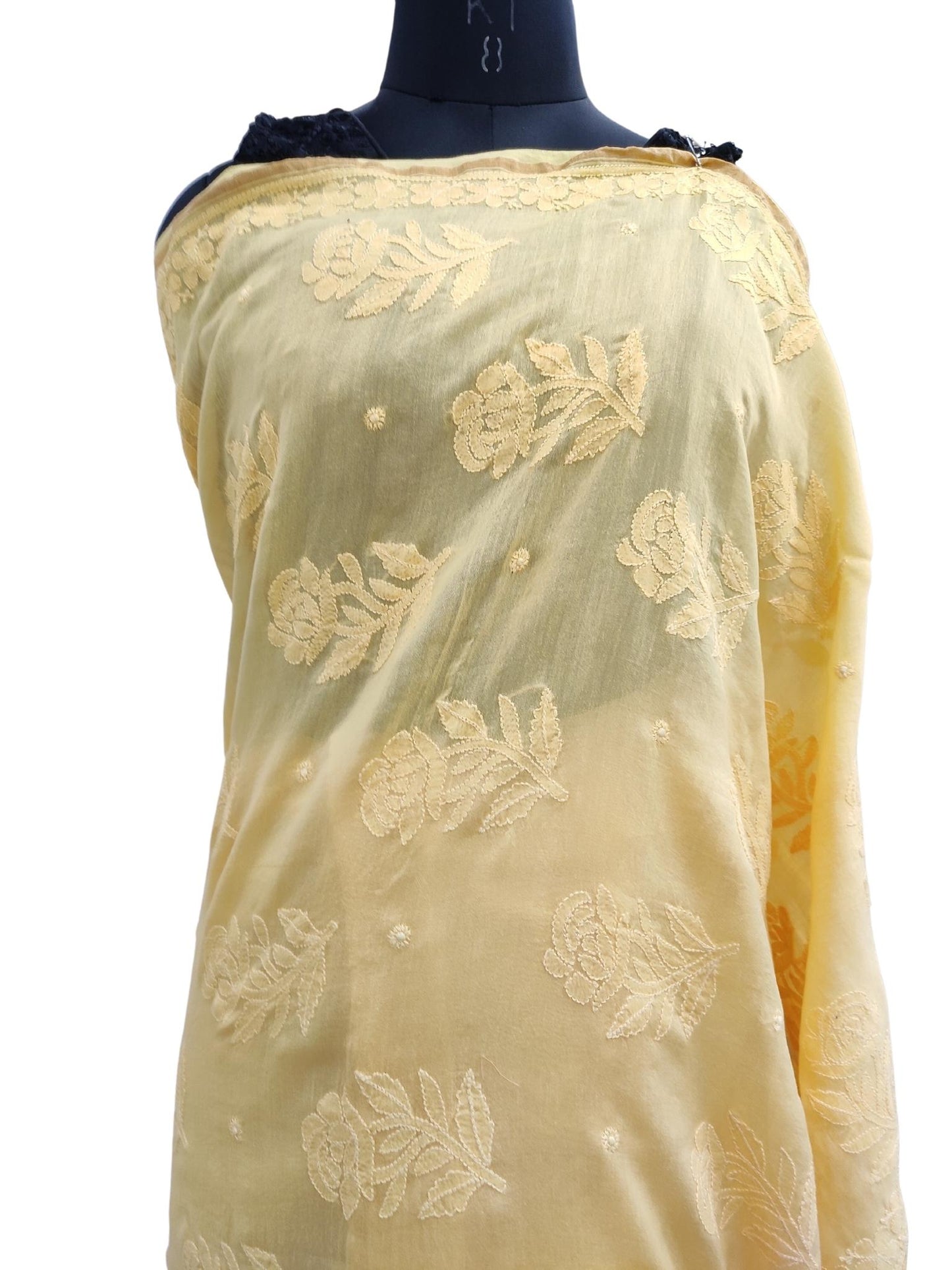 Shyamal Chikan Hand Embroidered Yellow Pure Chanderi Lucknowi Chikankari Saree With Blouse Piece- S18279