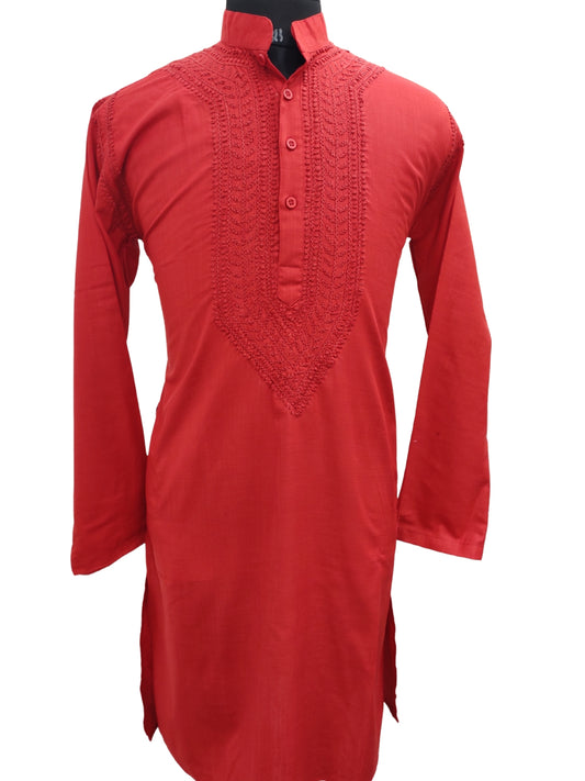 Shyamal Chikan Hand Embroidered Red Cotton Lucknowi Chikankari Men's Kurta – S17727