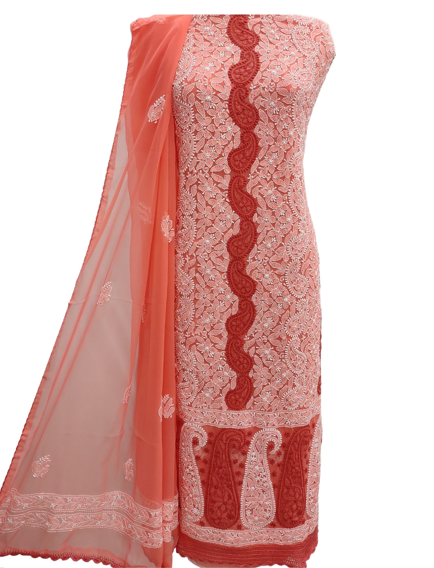 Shyamal Chikan Hand Embroidered Peach Georgette Lucknowi Chikankari Unstitched Suit Piece With Crosia Work - S10747 - Shyamal Chikan