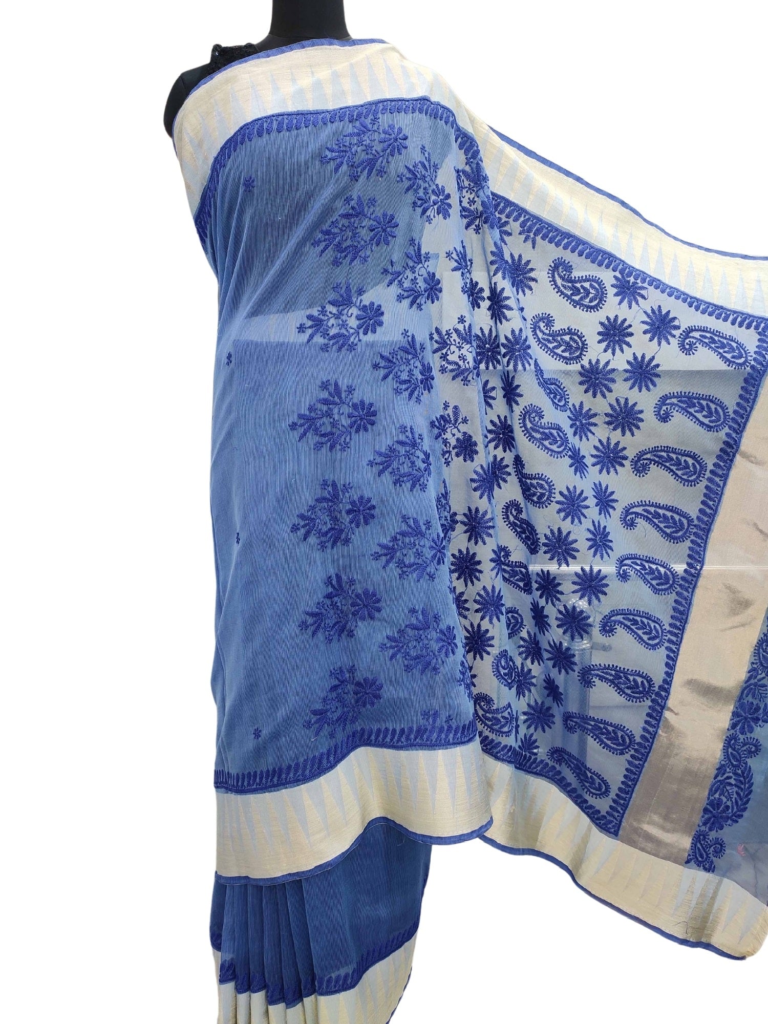 Shyamal Chikan Hand Embroidered Blue Chanderi Lucknowi Chikankari Saree With Blouse Piece - S11397