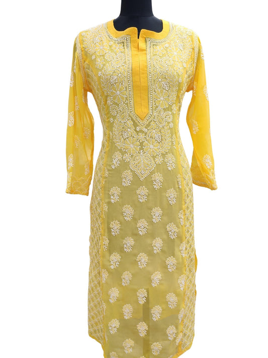 Shyamal Chikan Hand Embroidered Yellow Georgette Lucknowi Chikankari Kurti - S13621