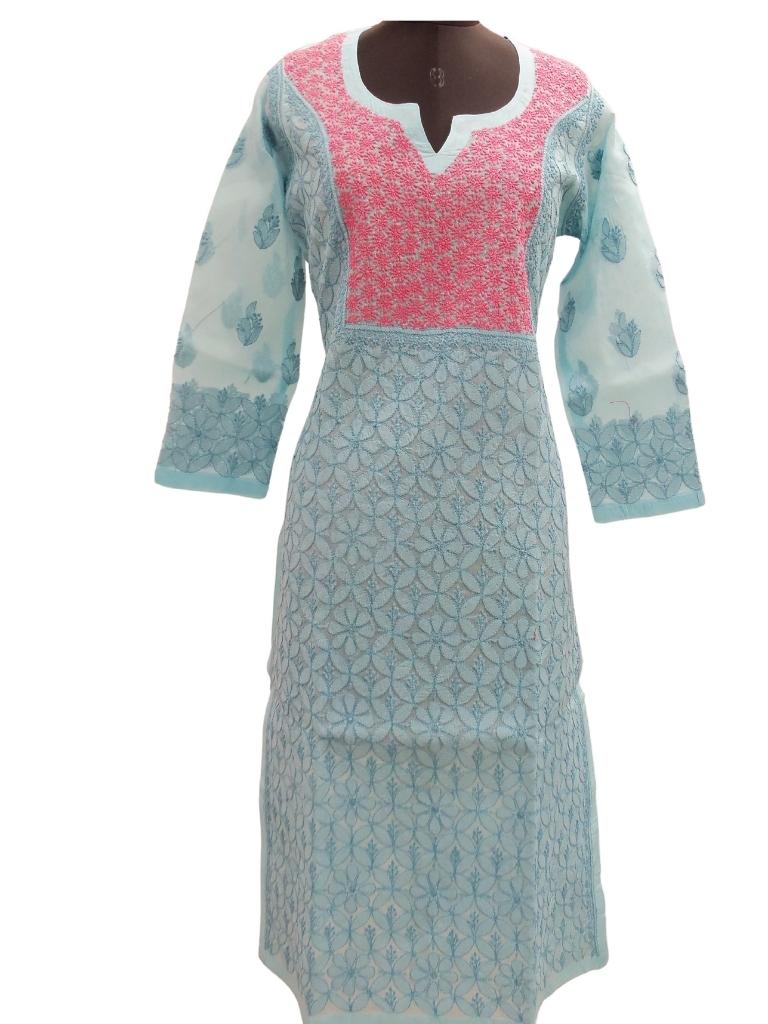 Shyamal Chikan Hand Embroidered Blue Cotton Lucknowi Chikankari Kurti- S3124