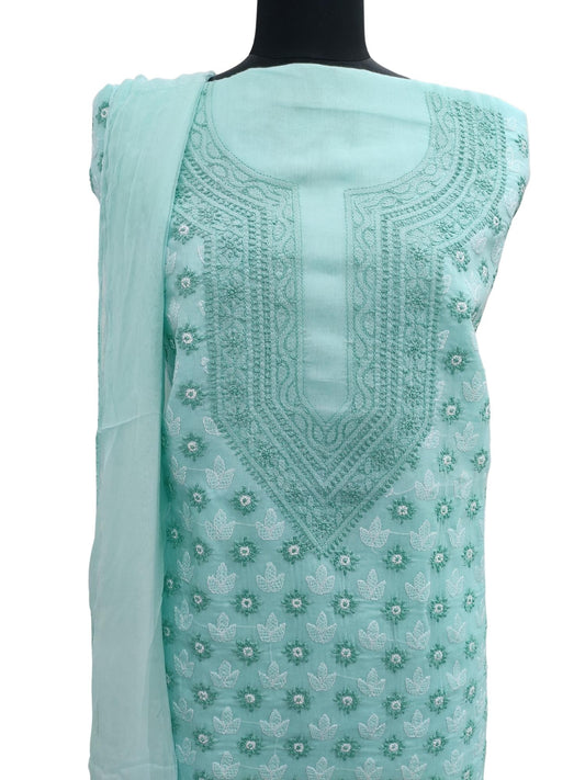 Shyamal Chikan Hand Embroidered Sea Green Cotton Lucknowi Chikankari Unstitched Suit Piece - S5989