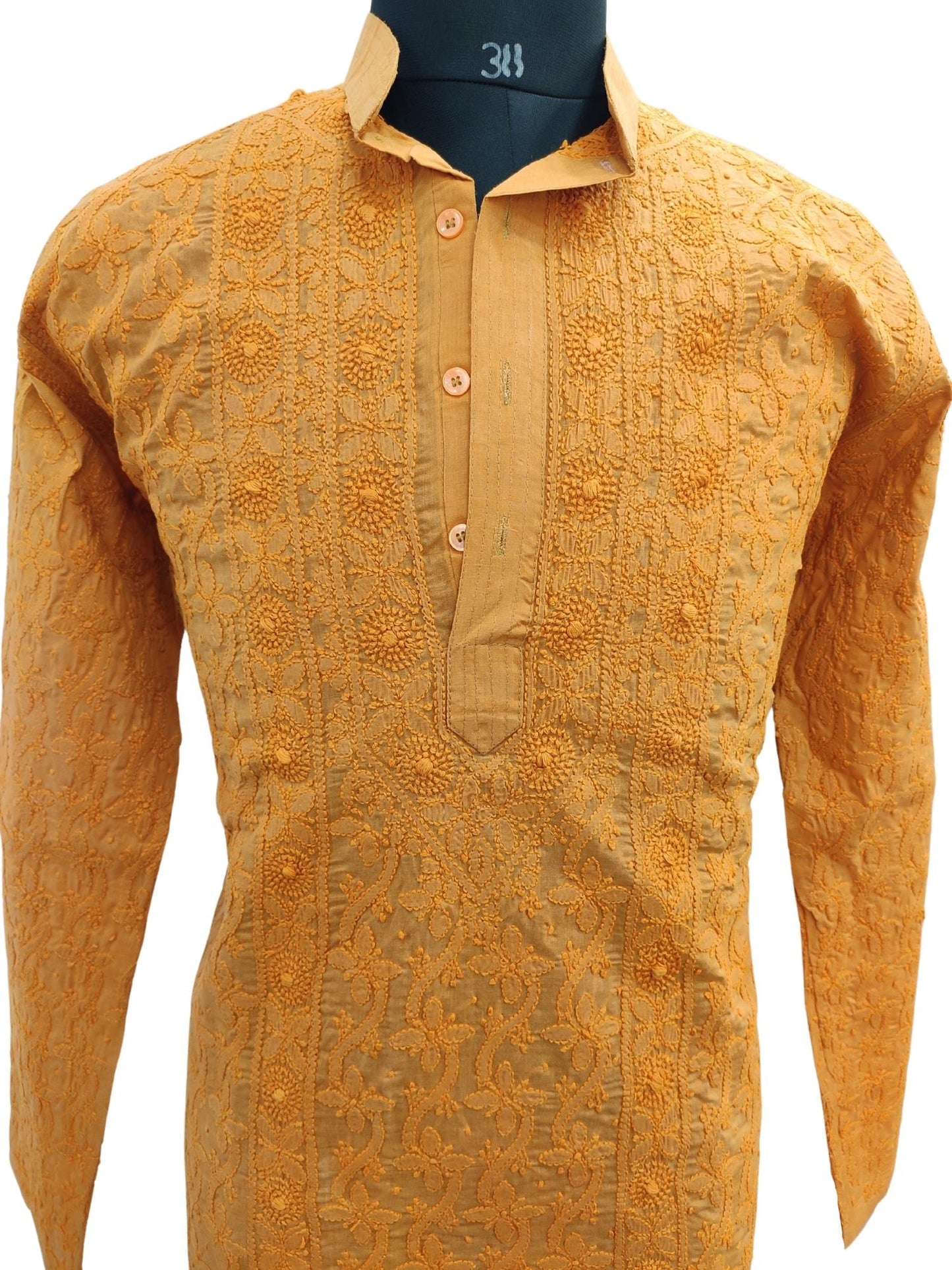 Shyamal Chikan Hand Embroidered Orange Cotton Lucknowi Chikankari All-Over Men's Kurta –S13155